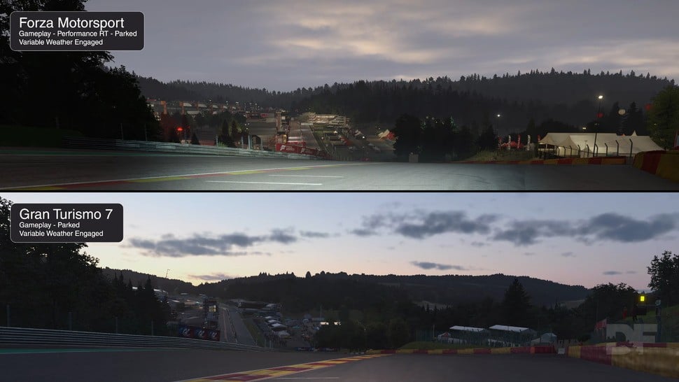 Both games feature dynamic time of day and dynamic weather, with GT7 seeming to offer more dramatic weather changes in this 24-hour test but Forza offering these features on all tracks in the game rather than a selection therein.