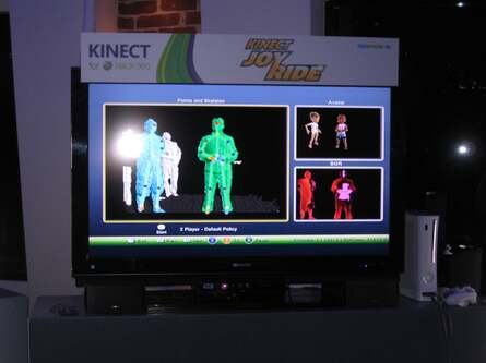 Kinect Joy Ride (left) just wasn't playing ball with EGTV chief Johnny Minkley, leading the game's handler to boot up the debug tool, pictured to the right. There you get some idea of how the depth map looks and how the skeleton is created and transposed onto the Avatars in the top-right of the image.