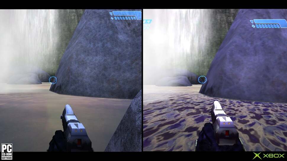 In this comparison shot, we see the lovely water shader work in the Xbox version of the game is substantially pared back in Gearbox's PC port.