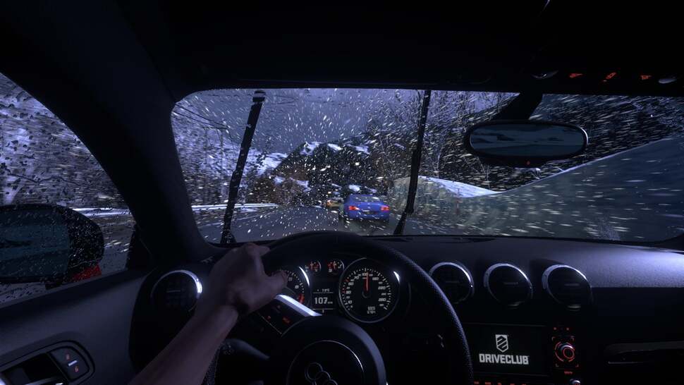 Lightning and blizzard-like conditions can make driving rather difficult in some areas. If we’re to nitpick, however, we might note that the rear view mirror does not reflect the current weather conditions