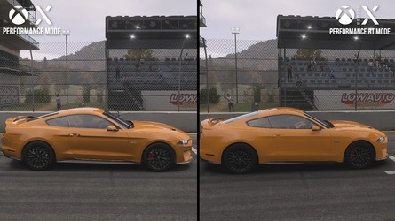 Three modes are available on Xbox Series X - visuals, performance RT and performance. The Performance mode lacks RT effects of any kind while racing.