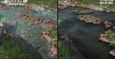 There are omissions and bugs with the PC version up against PS5. On the top there, noticeable areas of grass or foliage don't render at all. On bottom, it's clear that in some areas, there are problems with water rendering on PC.
