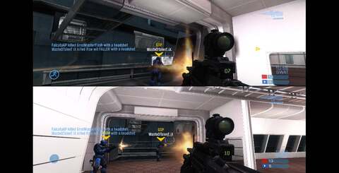 In split-screen two-player mode, the look is very similar to Halo 3. The screen shifts to a 4:3 configuration with two widescreen displays in the centre of the image.