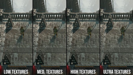 Click on the thumbnails above for a better look at texture quality comparisons. Ultra matches PS5 and Series X, but the quality degradation on high is hard to justify, while medium and low texture quality can look really poor.