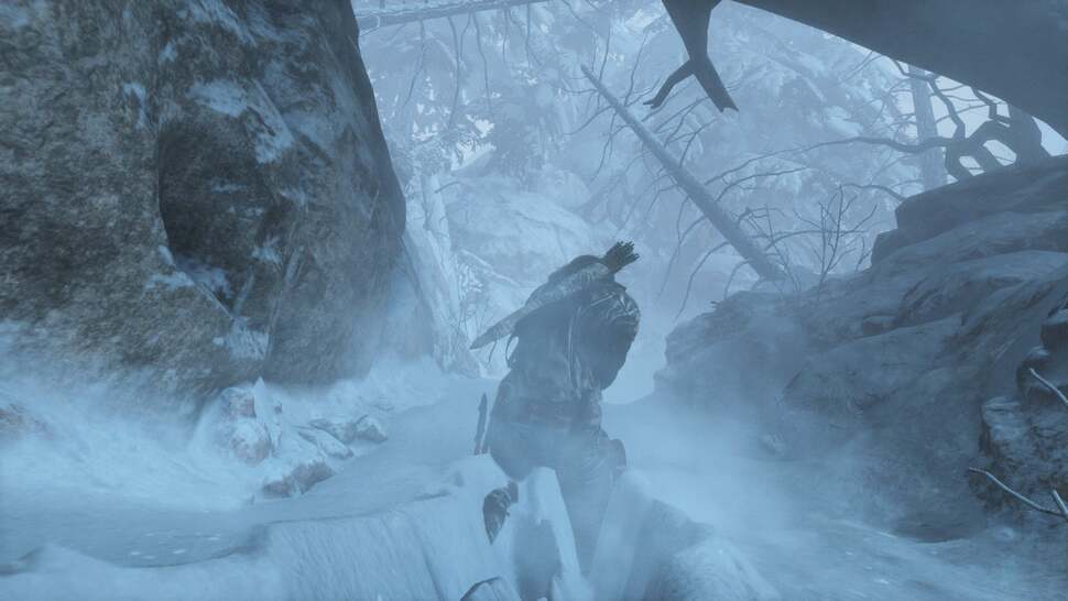 Snow deformation permeates much of the early game here. With high quality adaptive tessellation, the snow realistically reacts to Lara's movements
