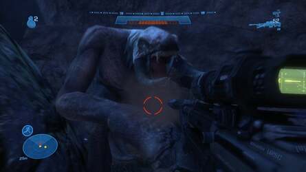 Bungie originally had big plans and many prototypes for these creatures - you could scale their backs and stuff grenades into their mouths, Elites would ride them, they'd have shoulder-mounted cannons... One idea had them spitting molten rocks at you. In the final game, they appear just the once.