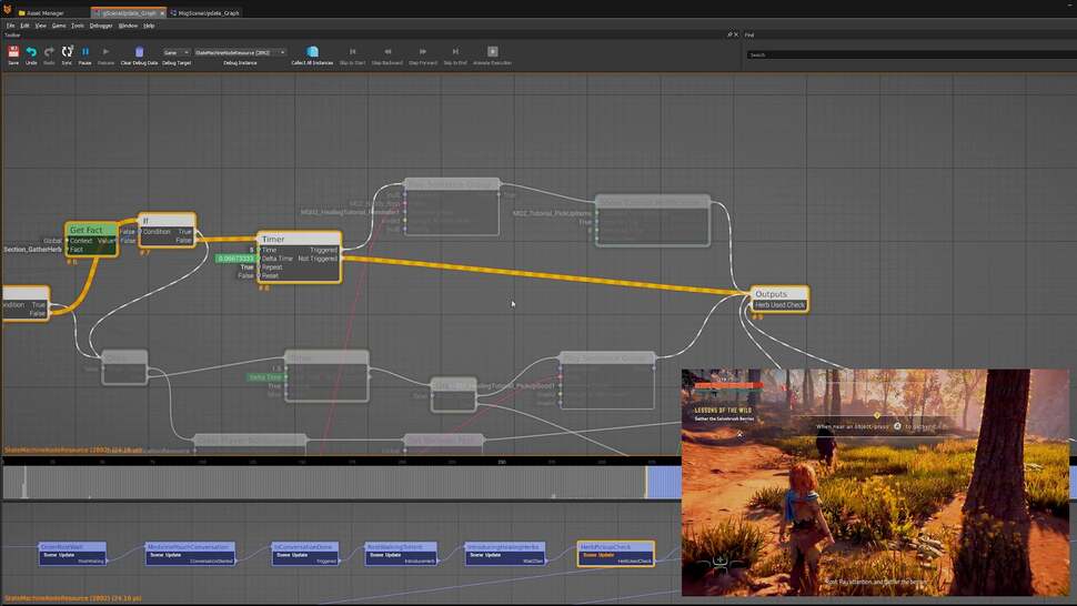 The Node Graph system allows designers to create quests and other scenarios using a flow-chart system. Here, the player is engaged in a tutorial - the nodes constantly query specific actions, only moving onto the next group after completion