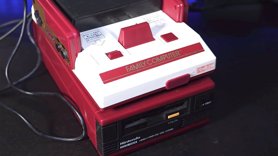 A fully set-up Famicom Disk System docked with the main console