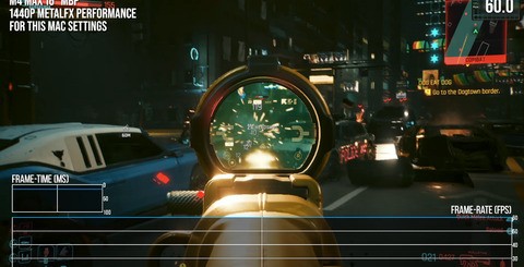 On the MacBook Pro 16 with the M4 Max processor, the "for this Mac" setting delivers 1440p output using MetalFX upscaling with dynamic resolution scaling, RT disabled and targeting 60fps. The game runs at full performance level from battery, lasting 78 minutes - impressive stuff.