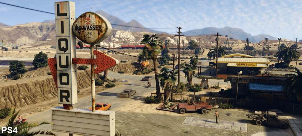 Right away there is a visible difference in texture quality once again. Notice how much sharper the bar sign appears as well as the surrounding landscape. The PS4 shot just appears livelier and more carefully crafted