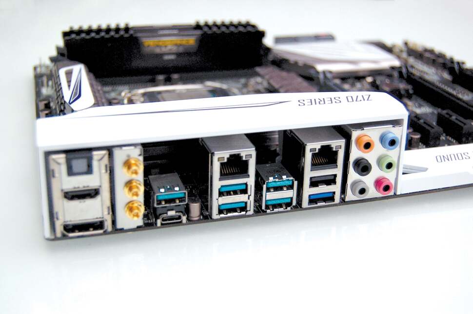 The all-important IO shot. Integrated graphics gets both HDMI and DisplayPort support, and it's USB 3.1 as standard with both the usual Type A and a single Type C connector. Two LAN ports, WiFi and analogue and digital sound round off the package