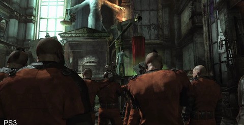 This scene appears to be rendered in real-time on PC but compression artifacting suggests that FMV is being used on 360 and PS3. Wii U is demonstrating clearly improved texture detail here and aliasing on the windows is significantly reduced.