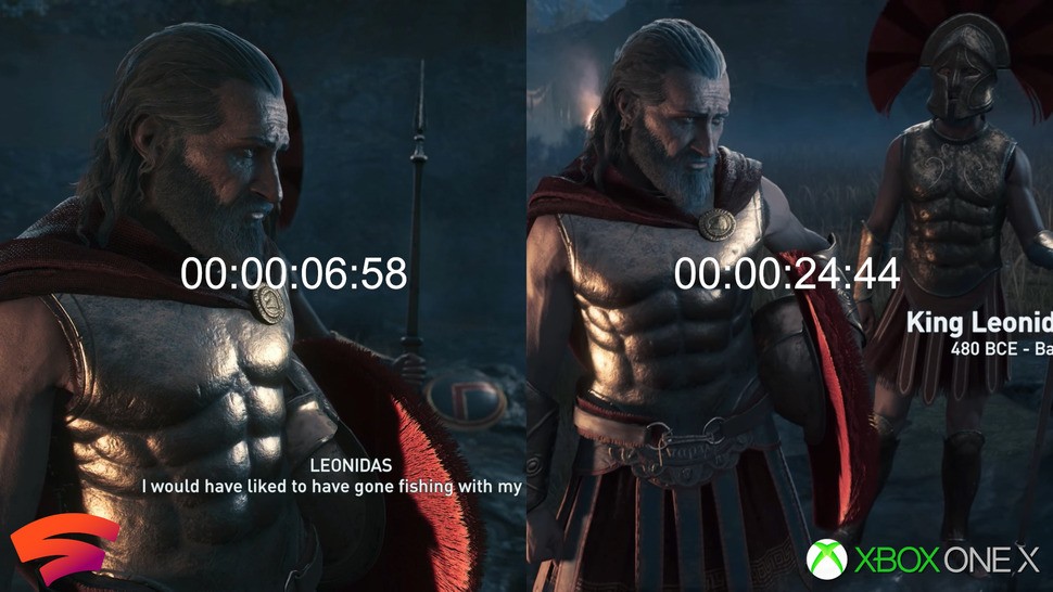 Loading the opening scene of Assassin's Creed Odyssey shows the crushing advantage of a server-class SSD solution vs a local console. You're waiting around an extra 17 seconds on Xbox One X