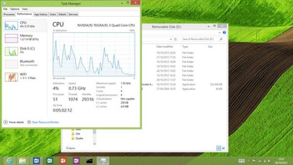 The desktop might be short of usable apps, but task manager can give you some idea of how much the quad-core Tegra CPU is put under stress. Here we've simply visited the photo viewer - where we see CPU usage spike up to 80 per cent - before returning to the desktop, where usage drops and the processor cores clock down.