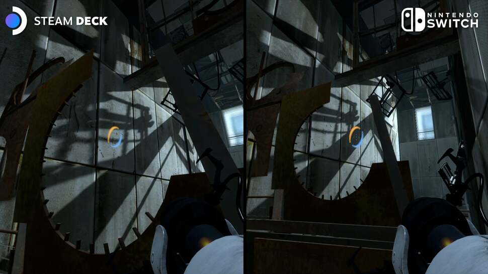 Even the more challenging Portal 2 sees Switch compare favourably with Steam Deck on maxed settings. The Switch OLED model arguably provides a superior experience overall owing to the much improved display, a hardware spec point the Deck simply can't match