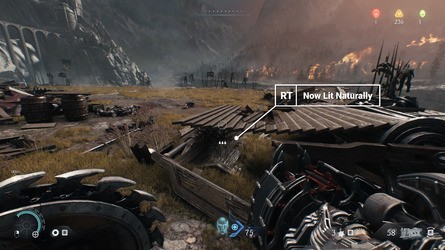 Different tech systems complement each other here, with the RTGI allowing for accurate lighting and shadows of destructible physics objects. See how blowing a hole in a section of wood replaces shadow with natural lighting.