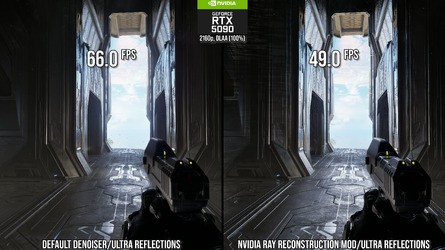 Enabling Nvidia's ray reconstruction solves some of the most egregious boiling artefacts in gameplay (left), but comes at a steep cost (right) - 25 percent on an RTX 5090 at 4K with DLAA. Click to enlarge. 