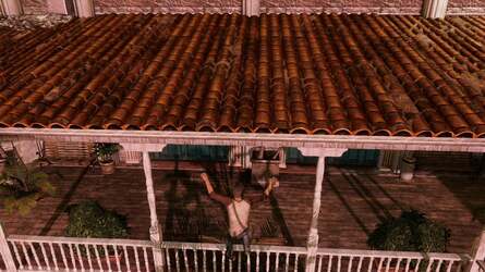 We can accept and happily embrace Uncharted's linearity when the gameplay is this good, but inconsistency in navigation proves frustrating. On the left, Drake drops down from the roof to the railing, and carries on the adventure. However, if you choose to drop down elsewhere (right), you plunge to your doom.