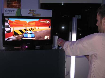 Kinect Joy Ride (left) just wasn't playing ball with EGTV chief Johnny Minkley, leading the game's handler to boot up the debug tool, pictured to the right. There you get some idea of how the depth map looks and how the skeleton is created and transposed onto the Avatars in the top-right of the image.