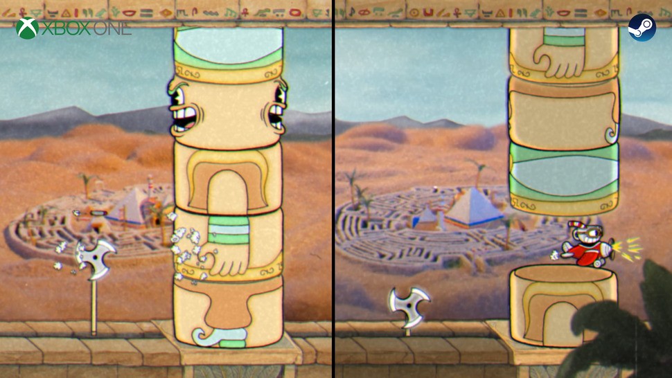 There's evidence that Cuphead uses some real-time lighting in its 2D set-up. Check out this scene. We've entered the second part of this boss battle at different times, with different sun positions. The columns in the foreground exhibit different lighting depending on the current position of the sun.