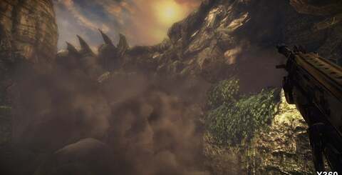 Fog-clipping (on the right, near the view weapon) and the fall-off of light into shadow are two examples of how some effects in PS3 Bulletstorm don't quite match the quality of the 360 equivalents.