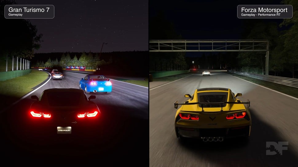 The two games contrast more sharply at night, with GT7 featuring brighter highlights and Forza being a little more muted in comparison.