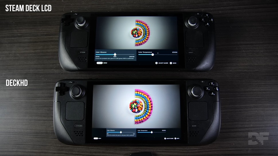The DeckHD's higher resolution makes screen elements appear a little smaller by default, but closer inspection also reveals a slightly warmer tone versus the original Steam Deck and higher sRGB gamut coverage though neither are outstanding compared to PC monitors.