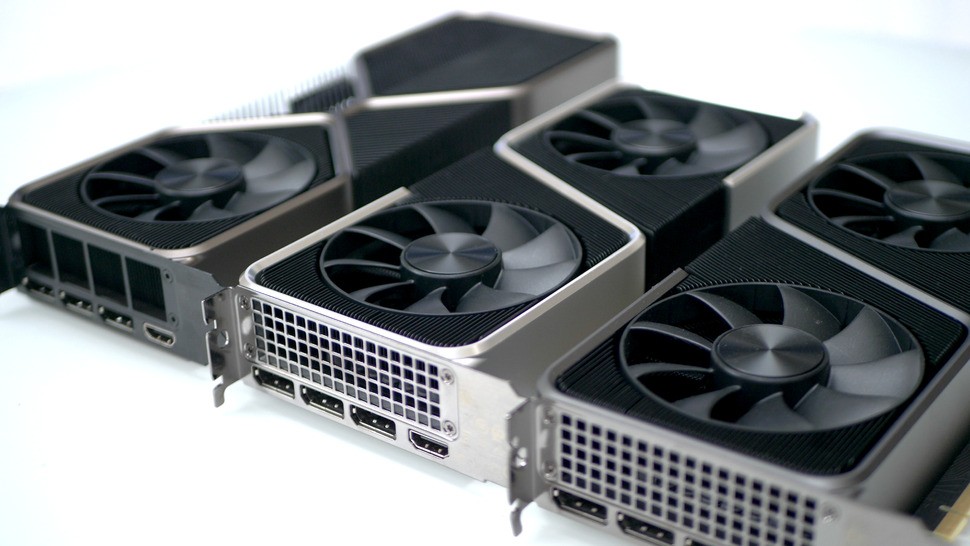 The current Ampere line-up: RTX 3080 (left), RTX 3060 Ti (centre) and RTX 3070 (right)