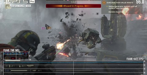 Performance mode is where it's at with Helldivers 2 on PS5 Pro. The 60fps mode works well enough, but in the most punishing end-game content, drops into the 40s are possible. Despite the higher resolution, frame-rates are more stable than the base PS5.