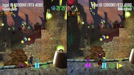 Launch and patched versions compared, with improved character lighting in Conker (left), removed shadow artefacts in Blinx (centre) and removed wireframes in Fuzion Frenzy. The latter two changes may not be visible on some screen sizes, given that they concern extremely fine lines. Click to enlarge. 
