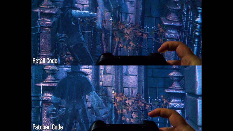 High speed cameras can be used to compare input lag. Synchronising camera feeds to a button press, we see that the unpatched Bloodborne (top) is well into its attack animation before the first frame of animation kicks in on the patched rendition (bottom). Across multiple samples, the difference averages out at a remarkable 78ms in favour of the original code