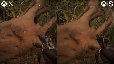 The removal of most screen-space reflections (left) is one area in which the Series S version of Redfall is cut back compared to Series X. On the right we see that poor artwork can look even worse on the pint-sized console.