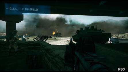 Two different anti-aliasing approaches on console. PS3 uses the search-based MLAA - here you can see how the arrival of the HUD element in the top-left upsets the search calculation, leaving a part of the black edge unfiltered. 360 appears to use FXAA - edge-smoothing isn't as good but the fact it's a universal, intelligent blur ensures that the HUD element doesn't faze it.