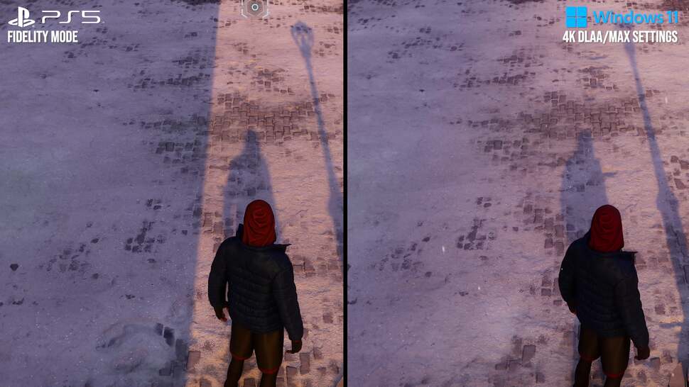 With RT shadows, the lamp shadow on the right grows more diffuse the further away it is from the shadow casting source. But note the building shadow on the left. This building is hundreds of metres away, yet casts a sharp shadow on PS5. The more subtle shade cast by the skyscraper on the right is more accurate