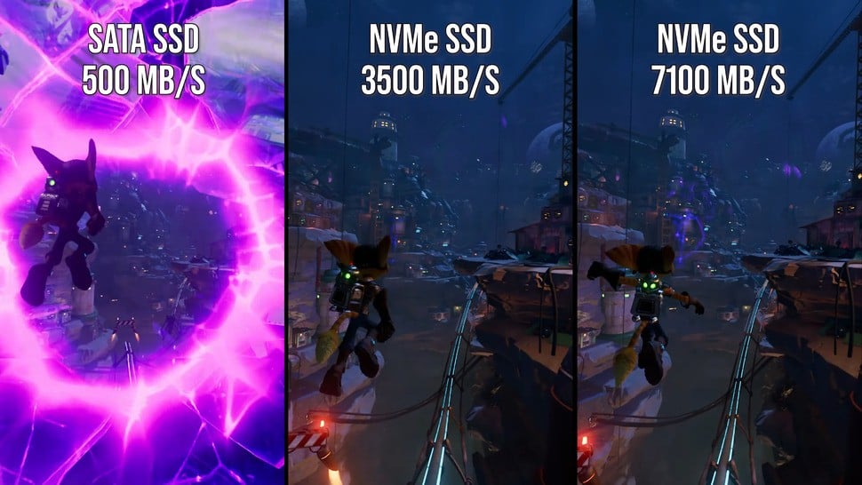 PCIe 3.0 and 4.0 drives run in lockstep, but SATA SSDs exhibit more significant pauses - causing this portal sequence to take around 10% longer