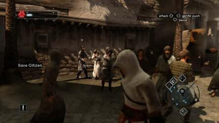The missions in Assassin's Creed 1 (left) weren't just very samey, but also had little relation to the coolest aspects of the game. Social stealth (right) was also somewhat under-developed.