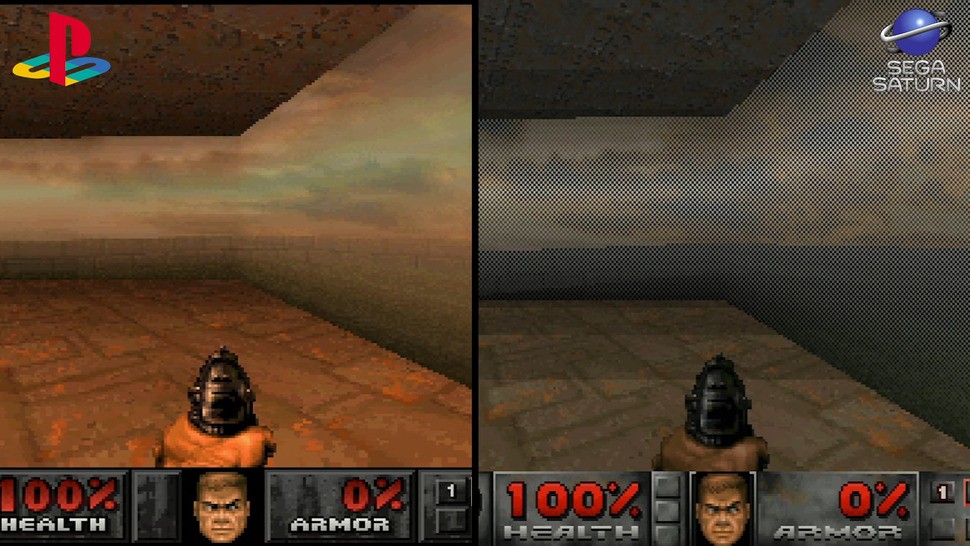PS1 hosted one of the best Doom ports, while Saturn languished with one of the worst. The difference is that id allowed for hardware acceleration on the Sony console along with bespoke improvements like alpha transparencies and per-sector colour, while the Saturn was lumbered with sub-optimal CPU-only rendering and a brief to stick closely to the PC original.