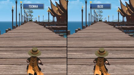 DLSS is generally more stable and resolves better detail than TSCMAA, though the difference is clearer in motion than it is in these stills.