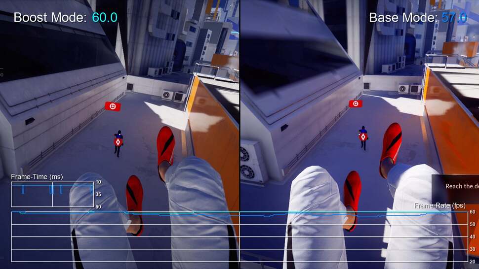 Mirror's Edge Catalyst's dips under 60fps are also ironed out nicely with Boost Mode