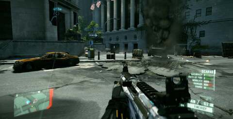 Grab your paper glasses! On the left we have a single eye view, on the right an anaglyph representation of the 3D effect. Anaglyph is still used, even by professionals, in viewing 3D content on a 2D screen and does a pretty good job here of demonstrating Crysis 2's implementation.