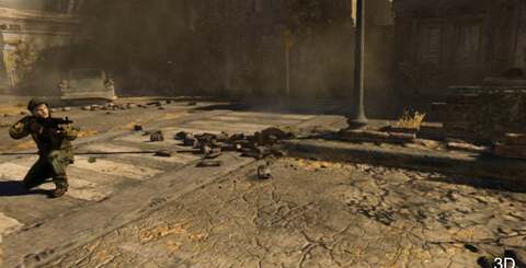 Our traditional 2D vs. 3D screenshot comparison. Resolution and certain effects such as motion blur and shadow view distance are pared back but the overall look is very similar.