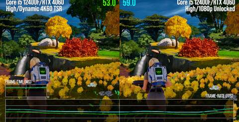 Up top, Fortnite on high UE5.2 settings with Lumen and Nanite active in stress-test scenes - 4K dynamic TSR vs native 1080p. On the bottom, Miles Morales at optimised settings using reconstructed 4K - but very high textures causes performance problems (bottom right).