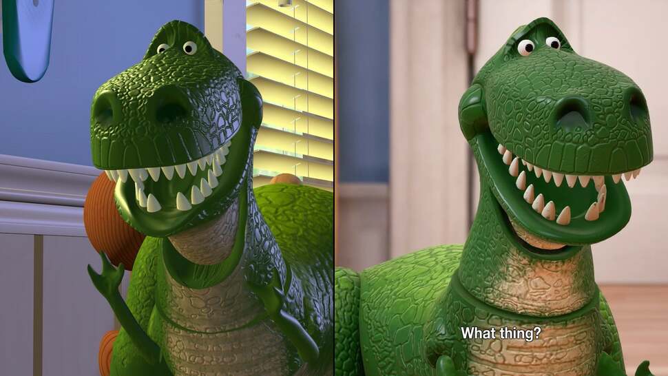Square-Enix's Rex model appears to resolve more skin-detail compared to the original Toy Story. Both produce an accurate specular sheen though, depending on lighting position - which is very different in these two shots.