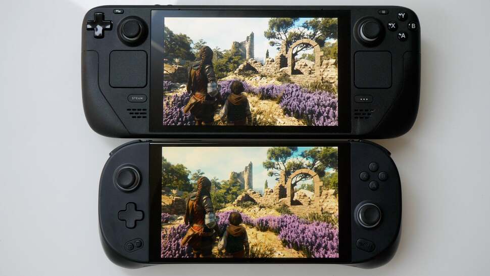 A form-factor comparison with Valve's Steam Deck. The Deck has less depth, but is a much larger device overall