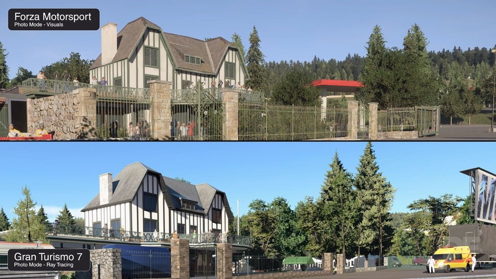 The Hotel De L'eau Rouge on the inside of Raidillon ably demonstrates the difference in colour grading between the two games, with Forza Motorsport exhibiting a noticeably warmer tone in comparison to Gran Turismo 7's colder, more contrasty look.