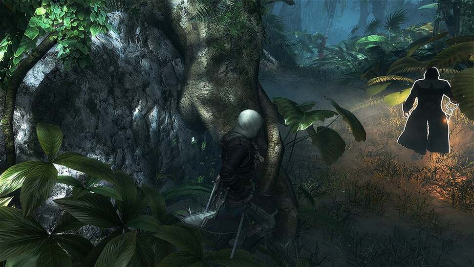 Dynamic lighting across jungle environments is delivered via lanterns, working with the directional moonlighting to bring out specular mapping across dewy ferns