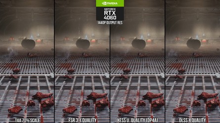 Upscalers compared: TAA at 70 percent versus FSR 3.1 quality, XeSS ultra quality and DLSS 4 quality. Click to enlarge.