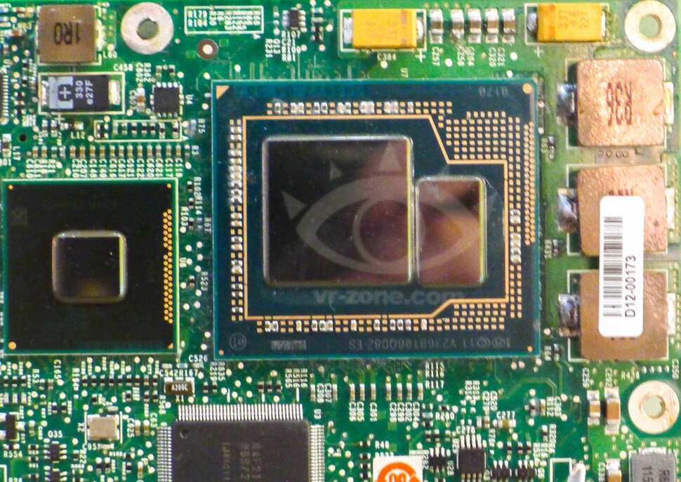 Tech website vr-zone.net snagged a real exclusive with this first look at the Haswell chip, shown on the right here. The main processor is on the left with the reported 128MB of eDRAM directly to the right.