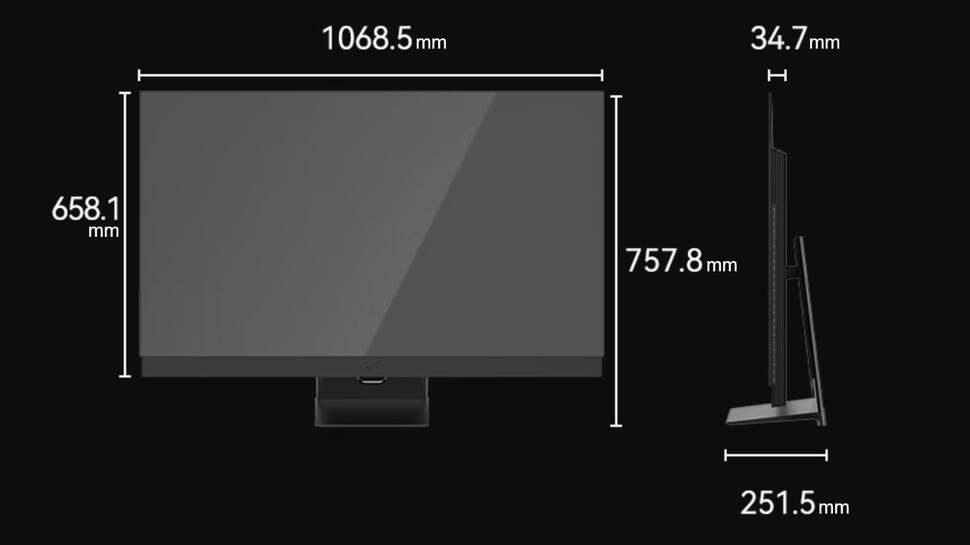 That's one big monitor - for reference, sizes given are equivalent to 42 inches across, 25.9 and 29.8 inches tall for screen and the whole assembly respectively, 9.9 inches thick for the base and 1.37 inches thick for the screen