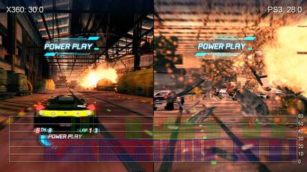 Engine stress can see tearing on 360 but very rarely do we see any kind of drop in overall frame-rate. PS3 has more tearing in similar scenarios and can be prone to dropping frames.